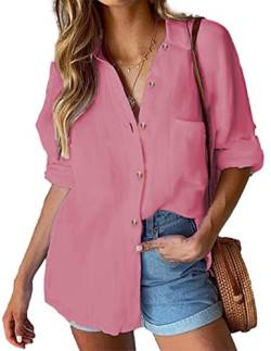 HOTOUCH Bluse Damen Elegant Langarm Hemd Casual Button down Shirt V-Ausschnitt Casual Hemdbluse Rosa M von HOTOUCH