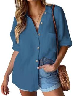 HOTOUCH Bluse Damen Freizeit Bluse Baumwolle Hemd Langarmshirt Elegant Hemdbluse zum Knöpfen Casual Arbeit Shirt Einfarbig Business Tops Navy Blau XL von HOTOUCH