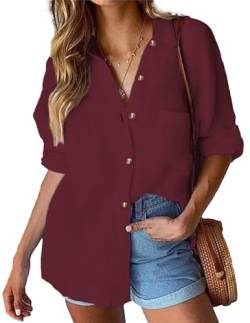 HOTOUCH Bluse Damen Langarm V-Ausschnitt Hemd Einfarbig Hemdbluse mit Tasche Elegant Business Tops Basic Oberteile Lose Button Down Bluse Rotwein L von HOTOUCH