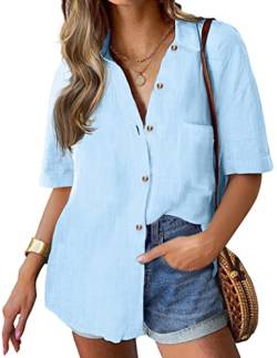HOTOUCH Bluse Damen V-Ausschnitt Hemd Einfarbig Kurzarm Hemdbluse Business Tops Basic Oberteile mit Knöpfen Casual Arbeit Blusen mit Tasche Hellblau M von HOTOUCH