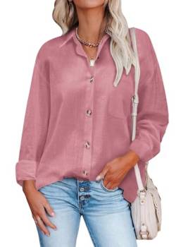 HOTOUCH Bluse Weiß Damen Hemd Langarmshirt mit Knöpfen für Frühling Arbeit Orberteil Rosa S von HOTOUCH