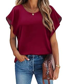 HOTOUCH Blusen Damen Chiffon Fledermaus Batwing Tunika T-Shirt Top Kurzarm Bluse Shirt Sommer Casual Shirt Weinrot XXL von HOTOUCH