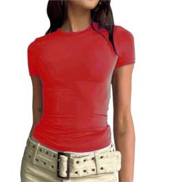 HOTOUCH Damen Basic T-Shirts U-Ausschnitt Kurzarm Crop Tops Sexy Sommer Tops Slim Fit Tees Y2K Kleidung Rot XL von HOTOUCH