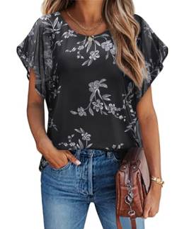 HOTOUCH Damen Chiffon Tops Lose Fledermaus Bluse Kurzarm Leichte Fließende Bluse Rundhalsausschnitt Sommer Doppellagig Tunika Top 17Blumen XL von HOTOUCH