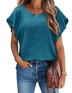 HOTOUCH Damen Chiffon Tops Lose Fledermaus Bluse Kurzarm Leichte Fließende Bluse Rundhalsausschnitt Sommer Doppellagig Tunika Top Türkisblau M von HOTOUCH