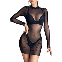 Durchsichtiges Blusenkleid Sexy für Damen Schwarz Kleid Minirock mit Langen Ärmeln Bikini Cover Up Halbtransparentes Feines Netz Rundhalsausschnitt Minikleid Netz Shirt Strandkleid Sommertop von HOTSHE