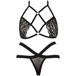 HOTSO Damen Dessous-Set, sexy, Spitze, BH, bestickt, nach oben schieben, für Spitze, Arme, Strumpfbänder, Höschen, 2 Stück, Schwarz , L-XL von HOTSO