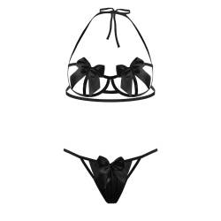 HOTSO Damen Fliege Dessous-Set Sexy Spitze BH Sexy Strapsgürtel 2-teilig Stickerei BH für Frauen und G-String Höschen Babydoll, Schwarz , One size von HOTSO