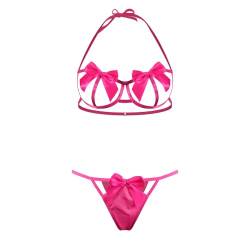 HOTSO Damen Schleife, Dessous-Set, sexy, Spitze, BH, sexy, Strumpfhalter, 2-teilig, bestickt, zum Aufdrücken, für Babydoll, Rosa, One size von HOTSO