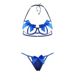 HOTSO Damen Schleife, Dessous-Set, sexy, Spitze, BH, sexy, Strumpfhalter, 2-teilig, bestickt, zum Aufdrücken, für Babydoll, blau, One size von HOTSO