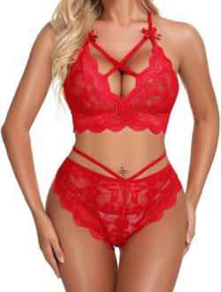 HOTSO Damen Sexy Dessous-Set mit Strapsgürtel, 3-Teil BH + String Tanga, Spitze Push-UpTräger-BH und Höschen-Set Unterwäsche, florale Spitze Nachtwäsche Babydoll S-2XL von HOTSO