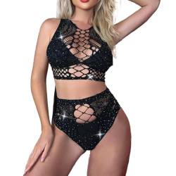 HOTSO Damen Sexy Mesh Dessous Set, Fischnetz Bodystocking Elastizität Durchsichtige Body Lingerie Transparente Negligees Lingerie Set Cami Crop Top Brief Ehegatte Freundin Reizwäsche Party (Schwarz) von HOTSO