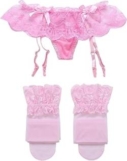 HOTSO Damen Strapsgürtel mit Straps, hohe Größe, mit G-String, für Dessous, Hochzeit, Valentinstag, Weihnachten, Strumpfgürtel für Damen und 3 Picecs, Rosa, One size von HOTSO