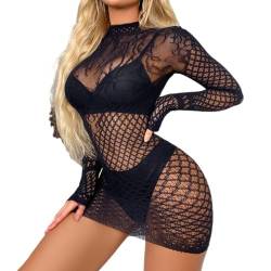 HOTSO Fischnetz Body Netz Strumpfanzug Nachtwäsche, Babydoll Negligees Trägerlose Nachtwäsche Nahtlose Bodystocking Catsuit Ouvert Women Baby Doll Minikleid Damen (Schwarz) von HOTSO