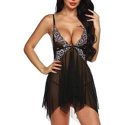 HOTSO Frauen Spitze Dessous Set Babydoll Chemise Open Front Nachtwäsche Strap Nachtkleid V Hals Teddy Nachthemden Nachthemd Negligee Unterwäsche Plus Size Nachtwäsche mit String G-String (XL, Schwarz) von HOTSO