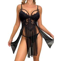 HOTSO Negligee Dessous Damen Babydoll Nachthemd Spitze Unterwäsche Sexy Reizwäsche Kurz Nachtkleid Lingerie Set Straps V-Ausschnitt mit G-String Sleepwear Kleid (Schwarz, L) von HOTSO