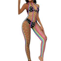 HOTSO Regenbogen Fischnetz Bodystocking, Ouvert Bodys Reizwäsche Sexy Strumpfhosen Bikini Cover Up Langarm Negeligee Minikleid für Strand Ehegatte Freundin Flitterwochen (Style A) von HOTSO