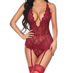 HOTSO Strapsen Dessous Damen Sexy Unterwäsche Frauen Reizwäsche Set Erotische Strümpfe Teddy Lingerie Babydoll Spitze Body Nachtwäsche mit Strumpfband(Ohne Strümpfe) (Weinrot, M) von HOTSO