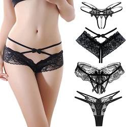 HOTSO V-String Höschen, Blumen Loch Frauen String Tanga Spitze Sexy Unterwäsche Schritt G-String Damen Reizwäsche Stringtangas Tägliches Leben Pendeln Büro Party Bar Dating 4-teiliges Set von HOTSO