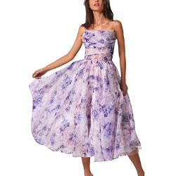 HOUHOUYIBA Elegantes bedrucktes Strapskleid, Damen Strapskleid Sommer ärmellos Vintage Print, Blumendruck Boho Maxikleid lang elegant (lila Druck,L) von HOUHOUYIBA