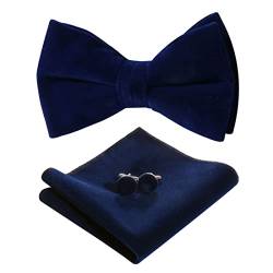 HOULIFE Fliege Herren Set - Verstellbare Fliege aus Samt Vorgebunden Fliege, einfarbige Einstecktuch, Manschettenknöpfe Set für Bräutigam Hochzeit formal mit Geschenkbox, Navy blau von HOULIFE