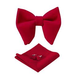 HOULIFE Fliege Herren Set - Verstellbare Fliege aus Samt Vorgebunden Fliege, einfarbige Einstecktuch, Manschettenknöpfe Set für Bräutigam Hochzeit formal mit Geschenkbox (Rot) von HOULIFE