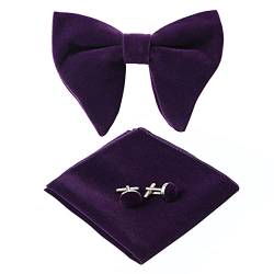 HOULIFE Fliege Herren Set - Verstellbare Fliege aus Samt Vorgebunden Fliege, einfarbige Einstecktuch, Manschettenknöpfe Set für Bräutigam Hochzeit formal mit Geschenkbox (Violett) von HOULIFE