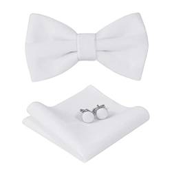 HOULIFE Fliege Herren Set - Verstellbare Fliege aus Samt Vorgebunden Fliege, einfarbige Einstecktuch, Manschettenknöpfe Set für Bräutigam Hochzeit formal mit Geschenkbox - Weiß von HOULIFE