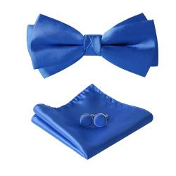 HOULIFE Fliege Herren Set - Verstellbare Fliege aus Satin Polyester Vorgebunden Fliege, einfarbige Einstecktuch, Manschettenknöpfe Set für Bräutigam Hochzeit formal mit Geschenkbox (Königsblau) von HOULIFE