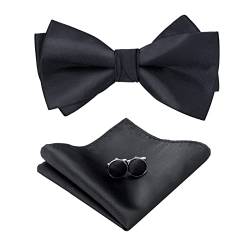 HOULIFE Fliege Herren Set - Verstellbare Fliege aus Satin Polyester Vorgebunden Fliege, einfarbige Einstecktuch, Manschettenknöpfe Set für Bräutigam Hochzeit formal mit Geschenkbox von HOULIFE