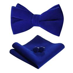 Houlife Fliege Set für Herren - Verstellbare Samt vorgebundene Fliege, Einfarbig Einstecktuch, Manschettenknöpfe Set für Bräutigam Hochzeit Party Formal mit Geschenkbox (Doppellagige Fliege), blau, M von HOULIFE