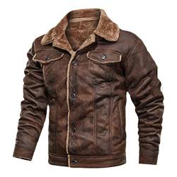 Herren Jacken Retro Wildleder Lederjacke Männer Leder Motorradjacke Pelz gefüttert Warm Mantel Winter Samt Overcoat, MGH01 Kaffee, XXL von HOURVNEI