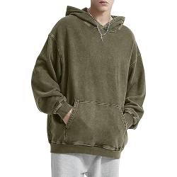 HOUZONIY Herren Oversized Vintage Hoodie, Herren Wash Raglan Kapuzenpullover, Basic Casual Pullover Mit Kapuze Dünn Sweatshirt Streetwear Kapuzenpullover(Armeegrün(mit Kapuze) XL) von HOUZONIY