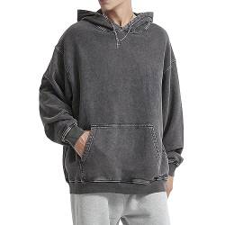 HOUZONIY Herren Oversized Vintage Hoodie, Herren Wash Raglan Kapuzenpullover, Basic Casual Pullover Mit Kapuze Dünn Sweatshirt Streetwear Kapuzenpullover(Grau(mit Kapuze) L) von HOUZONIY