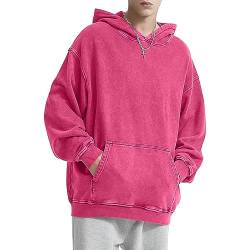 HOUZONIY Herren Oversized Vintage Hoodie, Herren Wash Raglan Kapuzenpullover, Basic Casual Pullover Mit Kapuze Dünn Sweatshirt Streetwear Kapuzenpullover(Rosa(mit Kapuze) M) von HOUZONIY