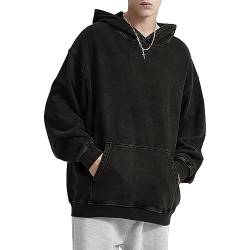 HOUZONIY Herren Oversized Vintage Hoodie, Herren Wash Raglan Kapuzenpullover, Basic Casual Pullover Mit Kapuze Dünn Sweatshirt Streetwear Kapuzenpullover(Schwarz(mit Kapuze) S) von HOUZONIY