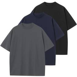 Herren T-Shirt Heavy Oversized Tee, Basic Männer Oberteil aus Baumwolle, Unisex Kurze Ärmel Lässig Lose Solide Tops(Grau+Schwarz+Marineblau L) von HOUZONIY