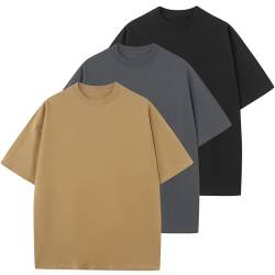 Herren T-Shirt Heavy Oversized Tee, Basic Männer Oberteil aus Baumwolle, Unisex Kurze Ärmel Lässig Lose Solide Tops(Khaki+Grau+Schwarz S) von HOUZONIY