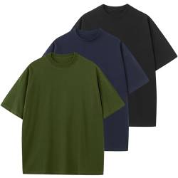 Herren T-Shirt Heavy Oversized Tee, Basic Männer Oberteil aus Baumwolle, Unisex Kurze Ärmel Lässig Lose Solide Tops(Militärgrün+Schwarz+Marineblau S) von HOUZONIY