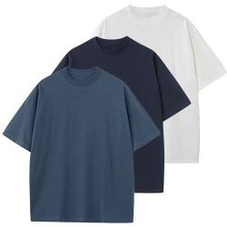 Herren T-Shirt Heavy Oversized Tee, Basic Männer Oberteil aus Baumwolle, Unisex Kurze Ärmel Lässig Lose Solide Tops(Weiß+DenimBlau+Marineblau L) von HOUZONIY