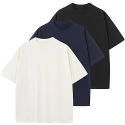 Herren T-Shirt Heavy Oversized Tee, Basic Männer Oberteil aus Baumwolle, Unisex Kurze Ärmel Lässig Lose Solide Tops(Weiß+Schwarz+Marineblau L) von HOUZONIY