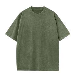 Oversized T-Shirt für Männer, Retro Washed Oberteil Baumwolle Übergröße Unisex Mode Hip Hop Vintage Tshirts(Armeegrün 2XL) von HOUZONIY