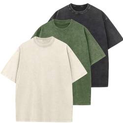Oversized T-Shirt für Männer, Retro Washed Oberteil Baumwolle Übergröße Unisex Mode Hip Hop Vintage Tshirts(Beige/Armeegrün/Schwarz 2XL) von HOUZONIY