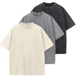 Oversized T-Shirt für Männer, Retro Washed Oberteil Baumwolle Übergröße Unisex Mode Hip Hop Vintage Tshirts(Beige/Grau/Schwarz M) von HOUZONIY