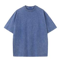 Oversized T-Shirt für Männer, Retro Washed Oberteil Baumwolle Übergröße Unisex Mode Hip Hop Vintage Tshirts(Blau 2XL) von HOUZONIY