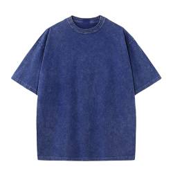Oversized T-Shirt für Männer, Retro Washed Oberteil Baumwolle Übergröße Unisex Mode Hip Hop Vintage Tshirts(Blau S) von HOUZONIY