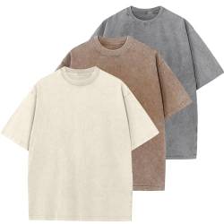 Oversized T-Shirt für Männer, Retro Washed Oberteil Baumwolle Übergröße Unisex Mode Hip Hop Vintage Tshirts(BraunBeigeGrau M) von HOUZONIY