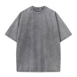 Oversized T-Shirt für Männer, Retro Washed Oberteil Baumwolle Übergröße Unisex Mode Hip Hop Vintage Tshirts(Grau L) von HOUZONIY