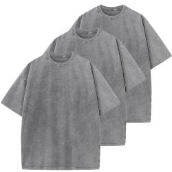 Oversized T-Shirt für Männer, Retro Washed Oberteil Baumwolle Übergröße Unisex Mode Hip Hop Vintage Tshirts(GrauGrauGrau L) von HOUZONIY