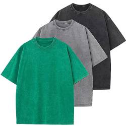 Oversized T-Shirt für Männer, Retro Washed Oberteil Baumwolle Übergröße Unisex Mode Hip Hop Vintage Tshirts(GrünGrauSchwarz L) von HOUZONIY
